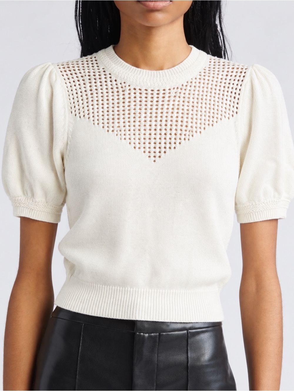 Suncoo Paris Pull Pleven Cotton Openwork Puff Sleeve Sweater T2 Medium Ivory